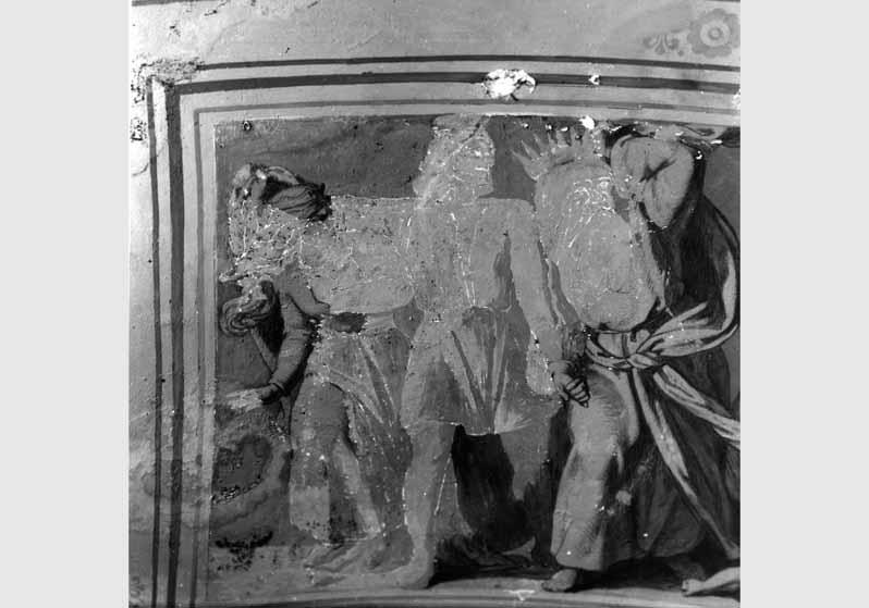 Blick auf das zum Teil zerstörte Deckengemälde "Die Nibelungen-Sage" von Ernst Ewald in der Querhalle der Nationalgalerie