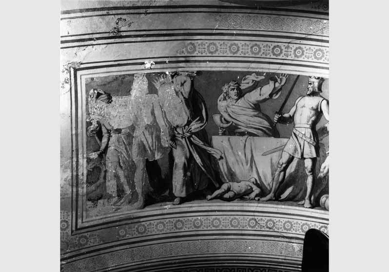Blick auf das zum Teil zerstörte Deckengemälde "Die Nibelungen-Sage" von Ernst Ewald in der Querhalle der Nationalgalerie