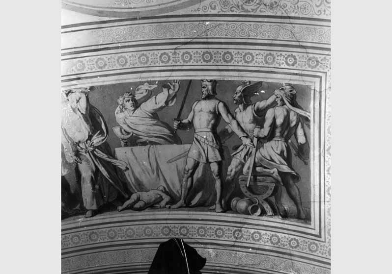 Blick auf das zum Teil zerstörte Deckengemälde "Die Nibelungen-Sage" von Ernst Ewald in der Querhalle der Nationalgalerie