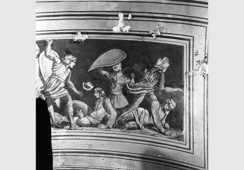 Blick auf das zum Teil zerstörte Deckengemälde "Die Nibelungen-Sage" von Ernst Ewald in der Querhalle der Nationalgalerie