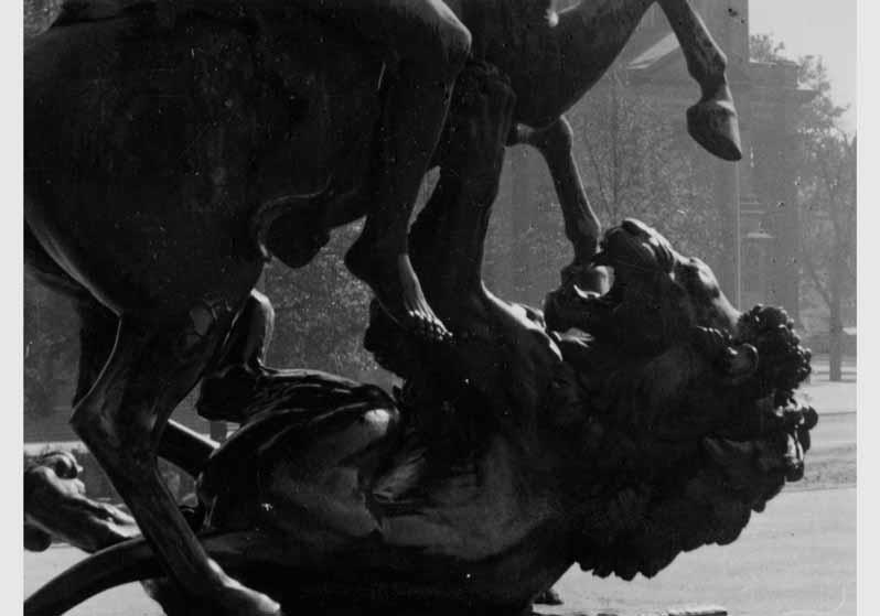 Nahaufnahme des am Boden liegenden Löwen von Albert Wolff vor dem Alten Museum
