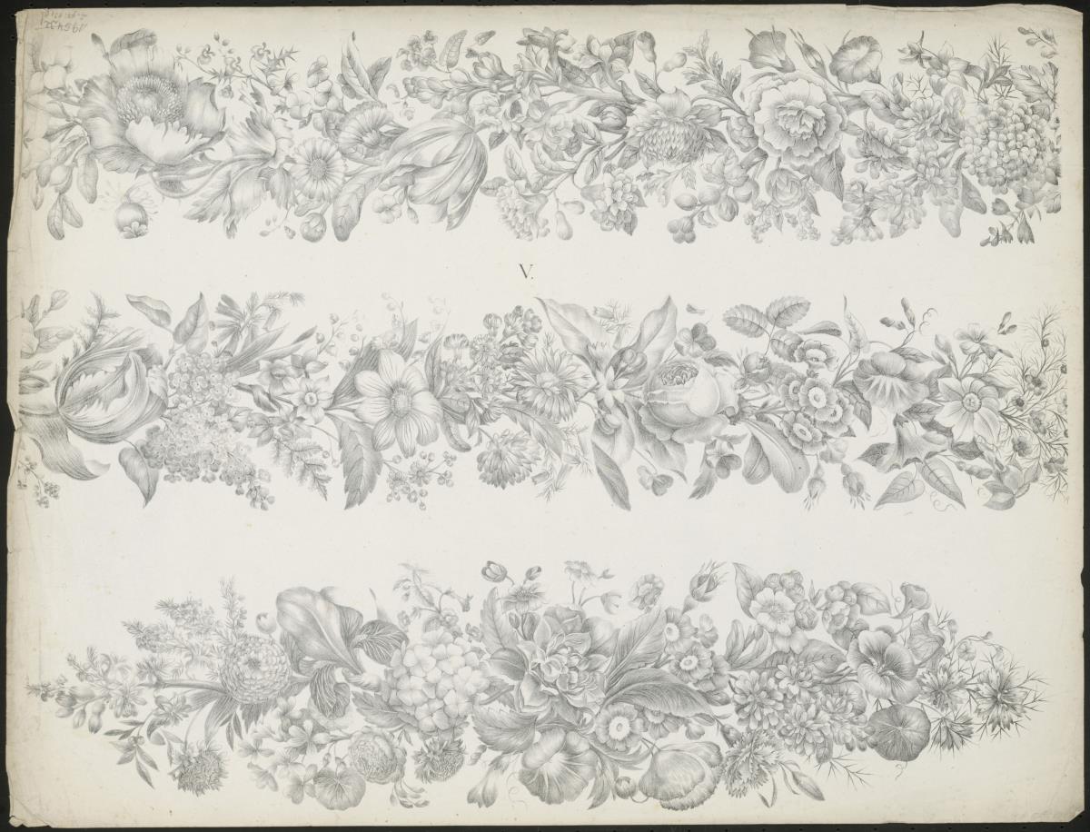 Blumen-Gruppen zur Woll-Chenille und Seidenstickerei: Blütengirlanden, V