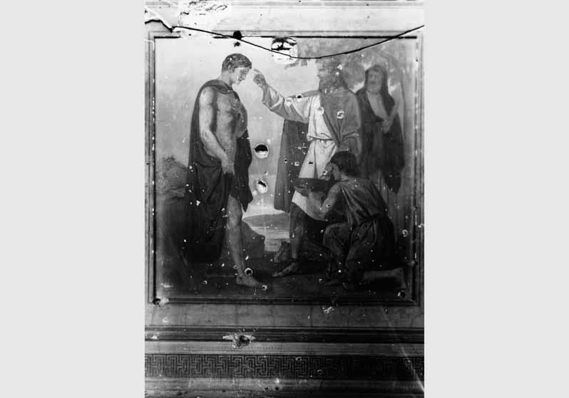 Beschädigtes Fresko von Karl-Friedrich Schinkel "Theseus wird von dem Geschlechte der Phytalien freundlich aufgenommen und wegen des von ihm vergossenen Blutes gesühnt" in der Rotunde des Alten Museums