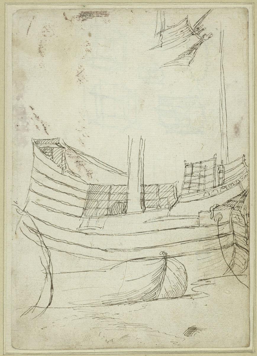 Angedocktes Schiff und Schaluppe