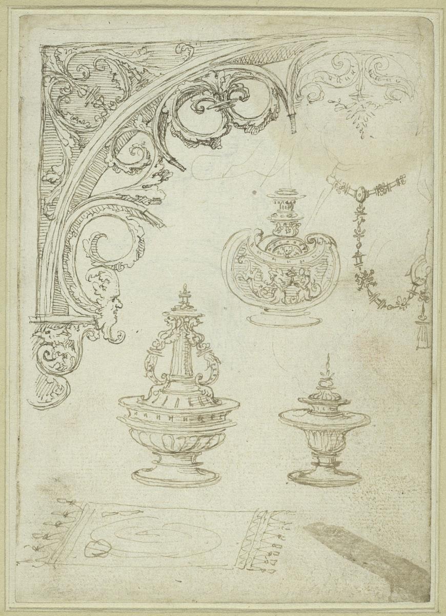 Bogenornament mit Ranken, Prunkvase, Kette, zwei Deckelvasen, eine Tapisserie (?) - Detailkopien nach Jacob Cornelisz van Oostsanens Gemälde "Porträt des Jan Gerritsz van Egmond" (1518, Paris Louvre)