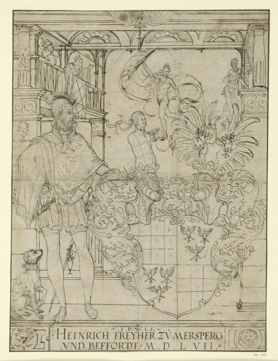 Heinrich Freyher zu Mersperg und Beffordt, Entwurf mit Hund und Wappen