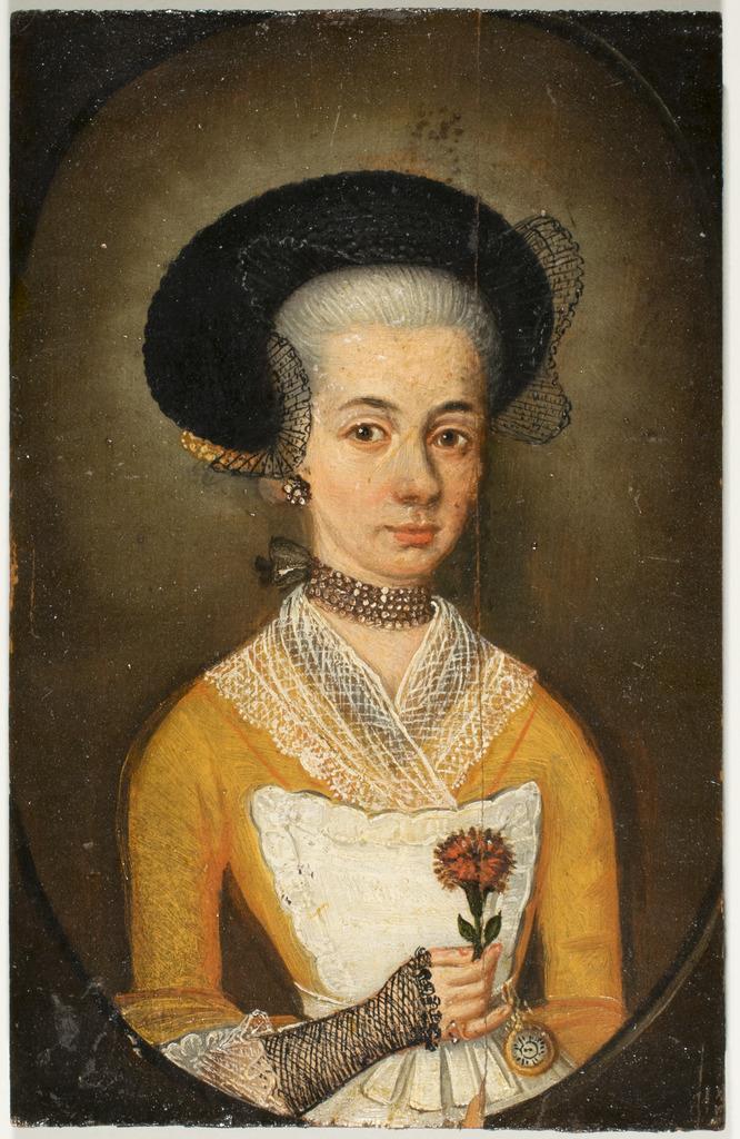 Porträt einer Frau in Kleid, schwarzer Haube und Nelke in der Hand