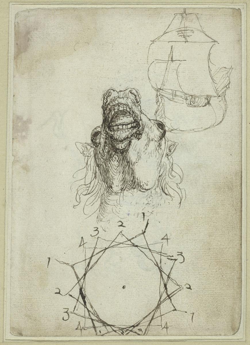 Pferdekopf mit geöffnetem Maul, von unten gesehen, Segelschiff (Studie für den Holzschnitt "Die Belagerung von Algier", 1541/42), geometrische Figuren