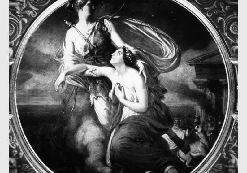 Blick auf das Wandgemälde "Diana entführt Iphigenia" von Adolf Henning im Niobidensaal im Neuen Museum