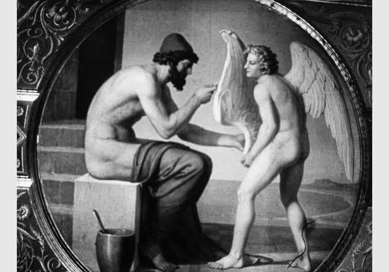 Blick auf das Wandgemälde "Daedalus und Ikarus" von Wilhelm Peters im Niobidensaal im Neuen Museum