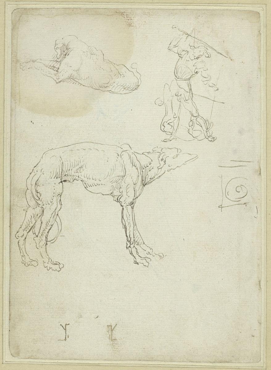 Liegender und stehender Hund, der Heilige Georg kämpft gegen den Drachen, Ornament
