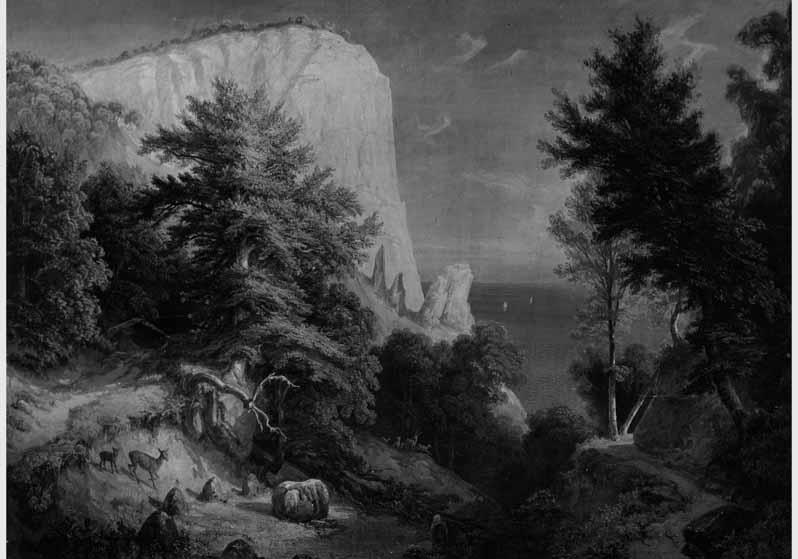 Blick auf das Wandbild "Opferstein bei Stubenkammer" von Ferdinand Bellermann im Durchgang zum Südvestibül im Neuen Museum