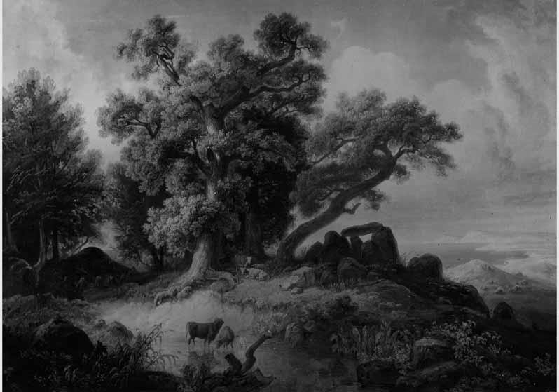 Blick auf das Wandbild "Hünengrab auf Rügen" von Ferdinand Bellermann im Durchgang zum Südvestibül im Neuen Museum