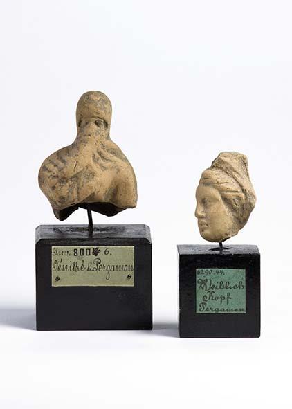 Pergamenische Terrakotten: Verschleiertes Mädchen (Fragment), Frauenkopf mit Diadem (Fragment)
