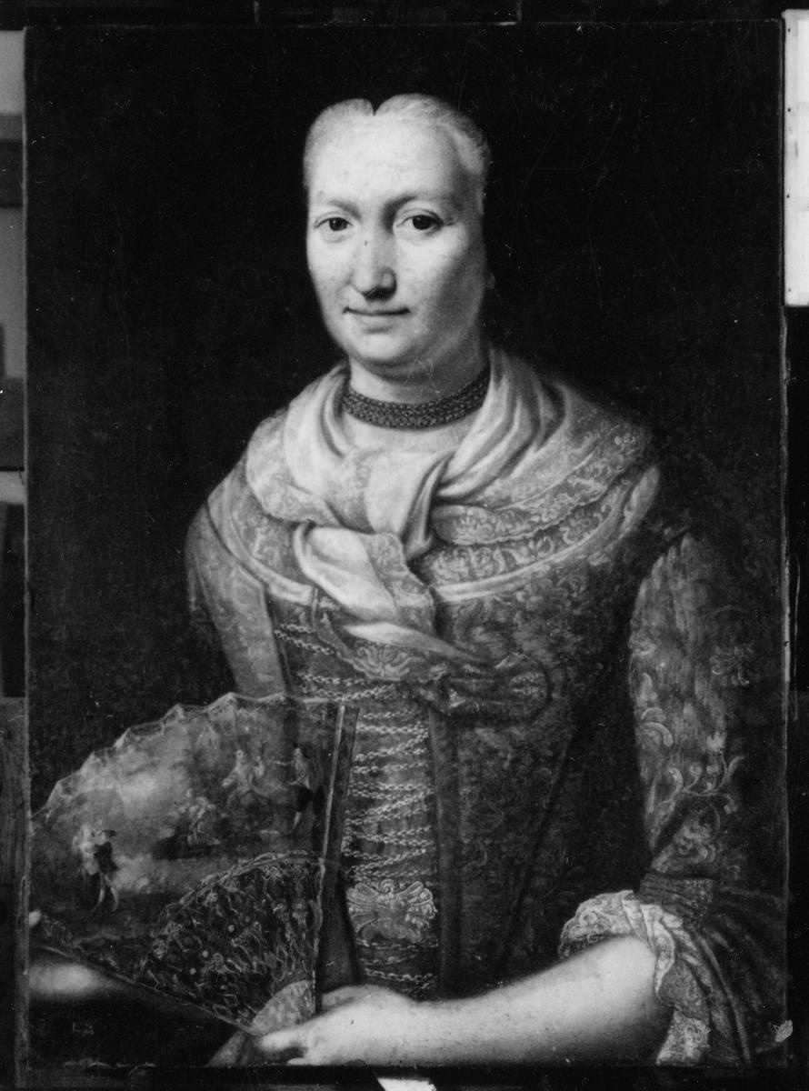 Porträt einer Frau mit dunkler Haube, Fichu und Fächer