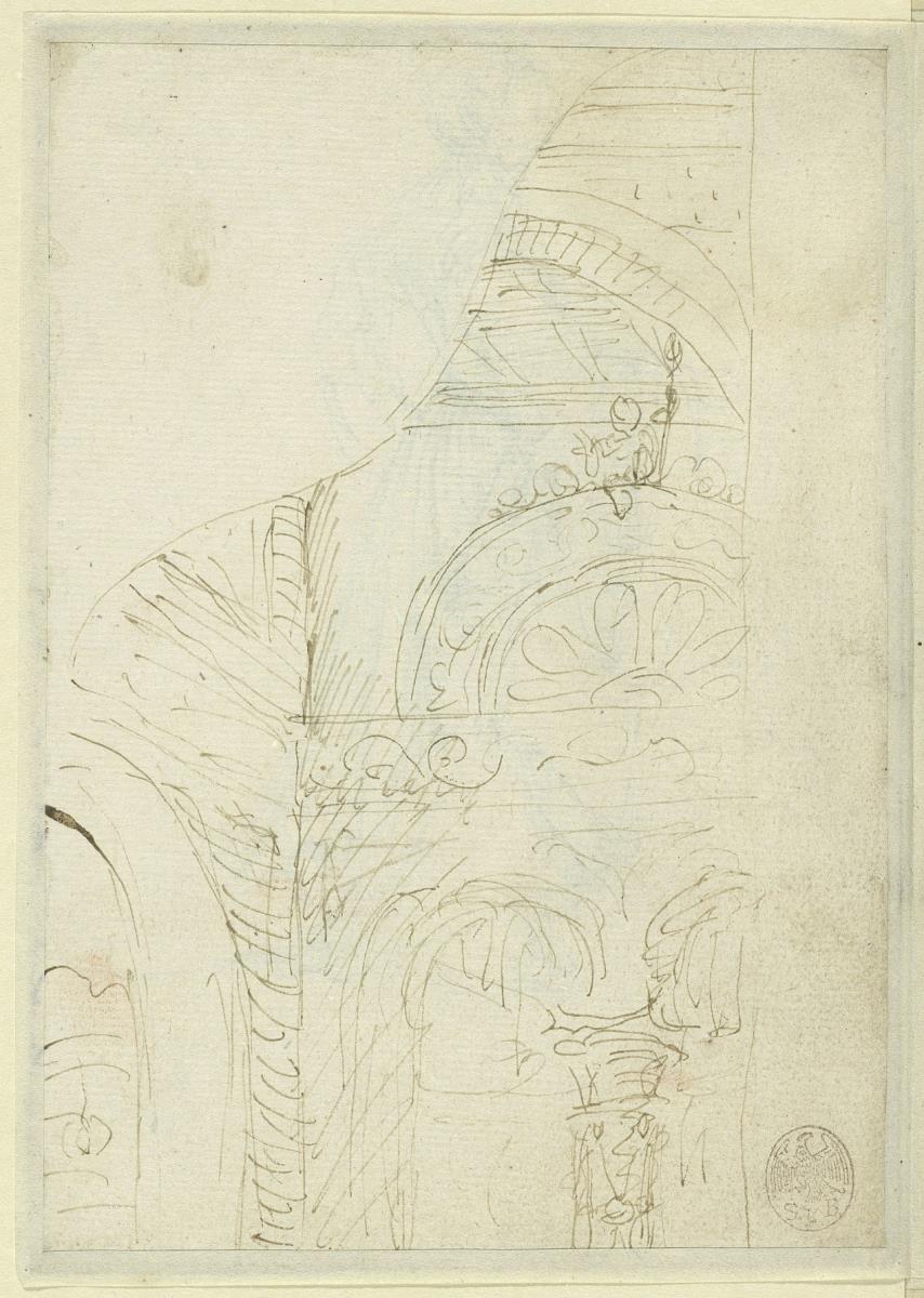 Oberer Teil eines linken Altarflügels mit architektonischem Fragment