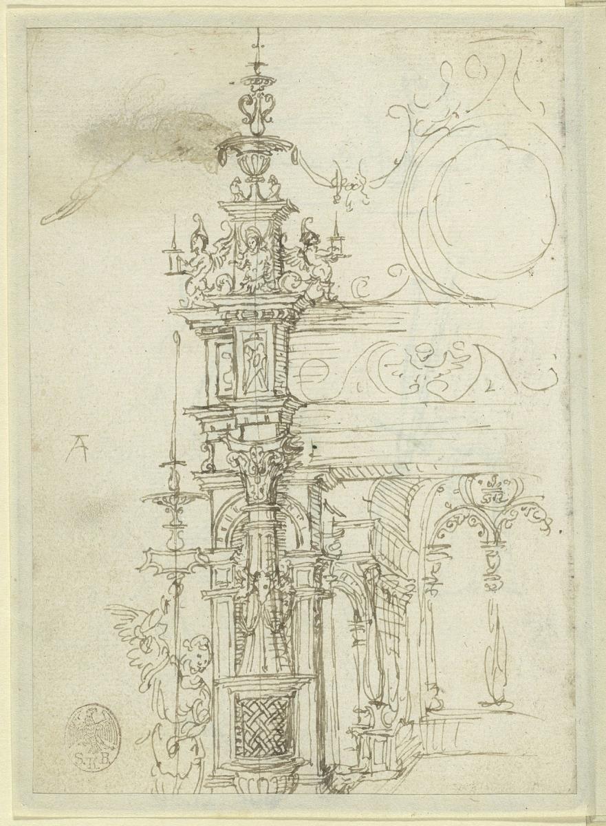 Ornamentale architektonische Konstruktion (linker, oberer Teil, zugehörig sind fol. 20v, 30r und v)
