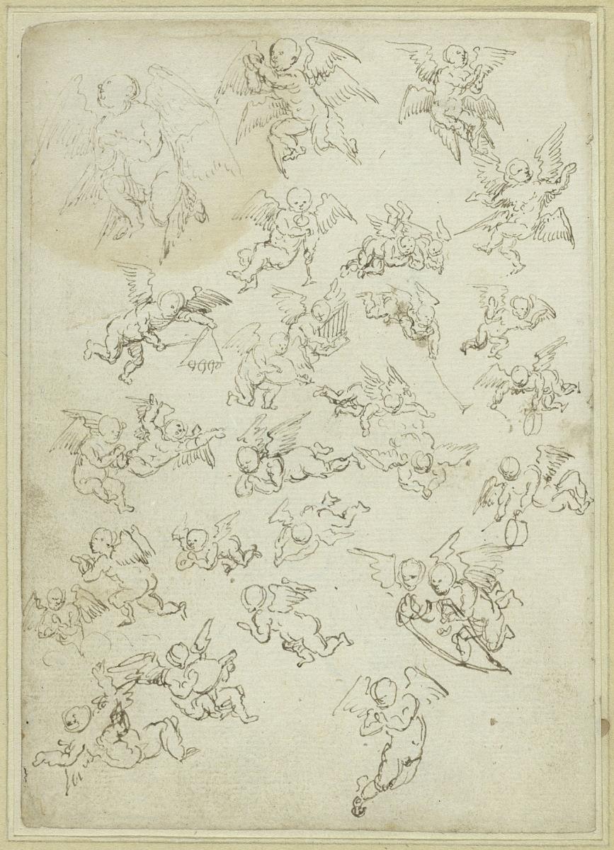 Studien zu 29 Engeln, teils Musikinstrumente haltend - Detailkopien nach Jacob Cornelisz van Oostsanens Allerheiligen-Triptychon (1523, Kassel, Gemäldegalerie)