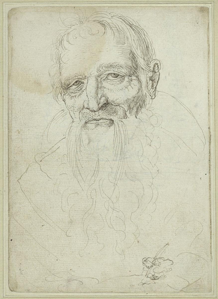 Halbfigur eines schreibenden oder zeichnenden Mannes, Studie für den Holzschnitt "Moses und Aaron"