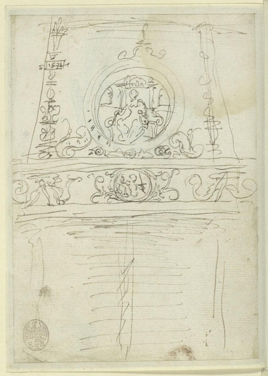 Kamin mit Medaillon und ornamentaler Verzierung