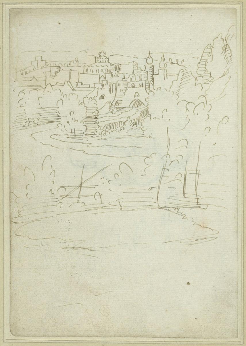 Landschaft mit Jerusalem und einer Felspartie rechts