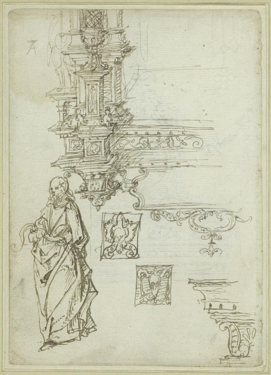 Ornamentale architektonische Konstruktion (Unterseite des linken Teils, zugehörig sind fol. 18v, 20v, 30v), stehender Mann im Mantel, zwei Kartuschen mit Engels- und Widderkopf, architektonisches Fragment (Architrav?)