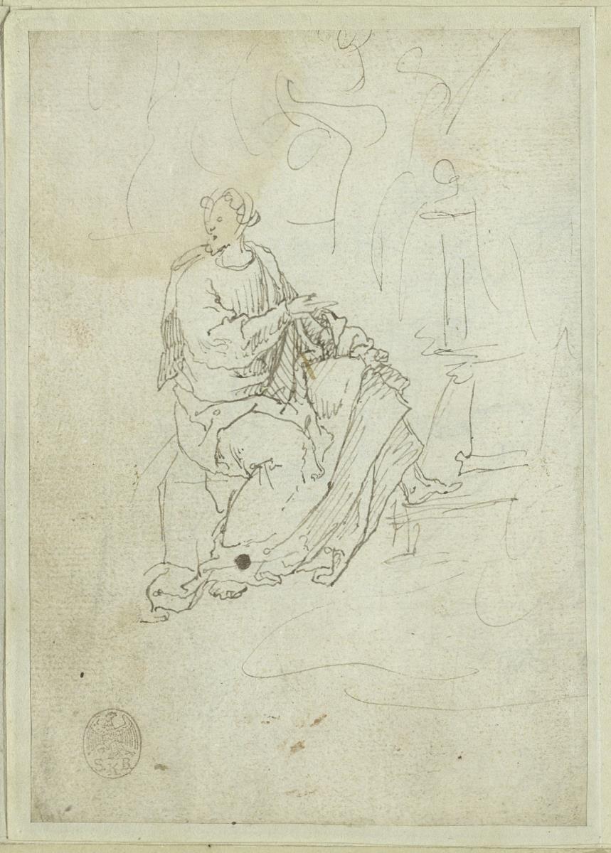 Sitzende Figur eines Apostels, der über seine Schulter blickt, aus der Komposition zum Tod der Maria (fol. 31r)