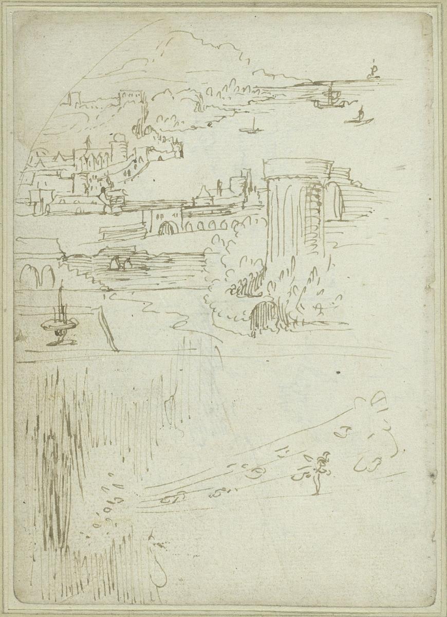 Stadtlandschaft an einer Bucht, Wasserfall