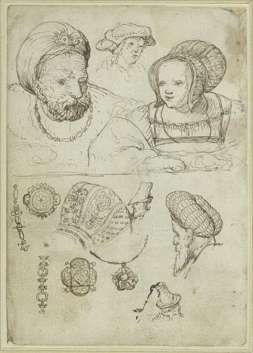 Brustbild eines älteren Mannes und einer jungen Frau, im Hintergrund zwischen ihnen eine weitere männliche Figur, verschiedene Studien (Medaillons, Ketten, Köpfe mit Hauben und Mützen)