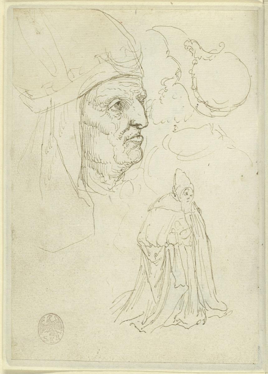 Kopf des Aaron aus dem Allerheiligentritpychon (1523, Kassel, Gemäldegalerie) von Jacob Cornelisz van Oostsanen im Profil nach rechts, der behelmte Kopf von Josua, der Heilige Franziskus