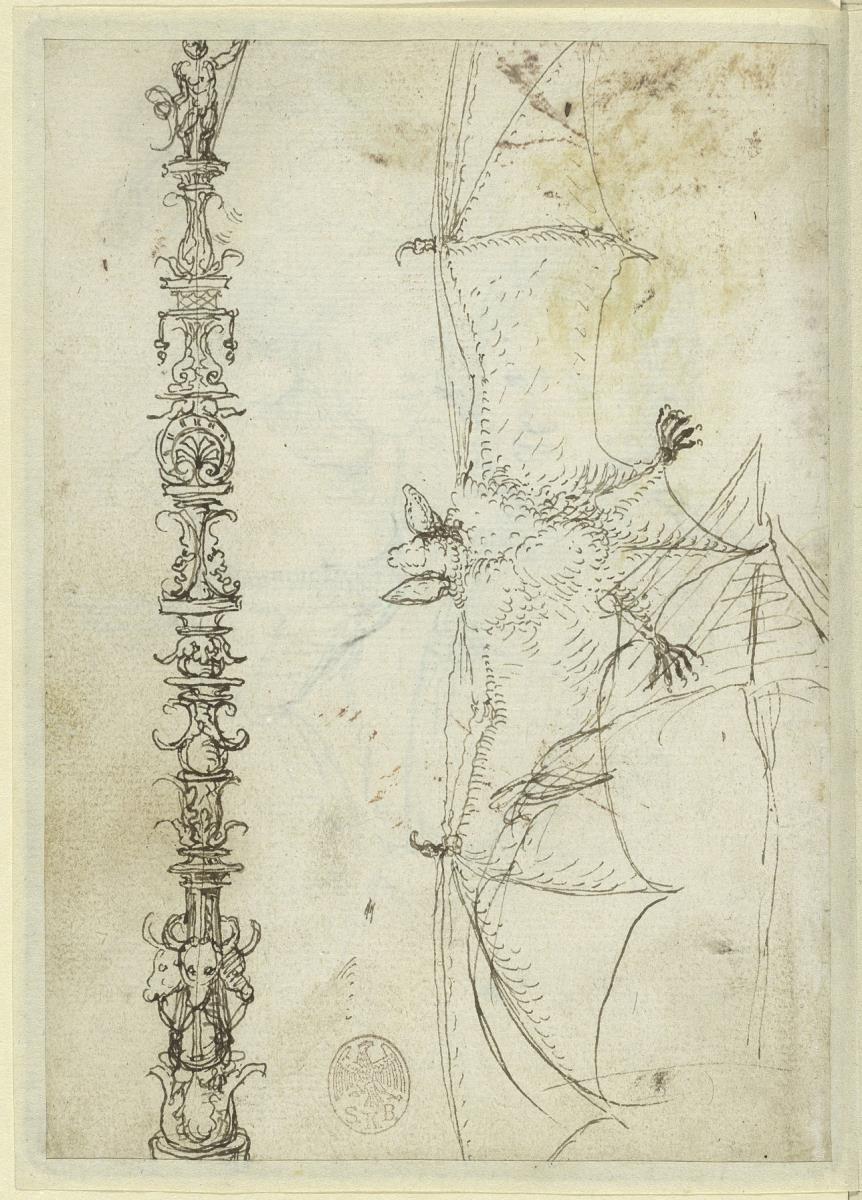 Ornamental verzierter Kandelaber, Fledermaus mit ausgestreckten Flügeln, von unten gesehen, Bugspriet und linke Bordwand des Schiffes auf fol. 3