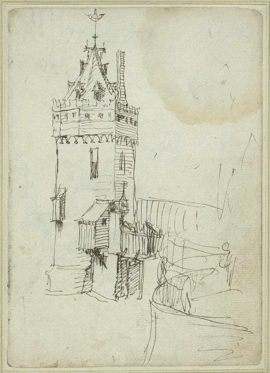 Das Stadttor Schreierstoren in Amsterdam, von der heutigen Prins Hendrikkade aus gesehen, davor eine Brücke, die auf den Turm zuführt und zwei Figuren, die an der Ufermauer lehnen (wohl Studie für die "Vogelperspektive der Stadt Amsterdam" (1538, Amsterdam Museum, Amsterdam))