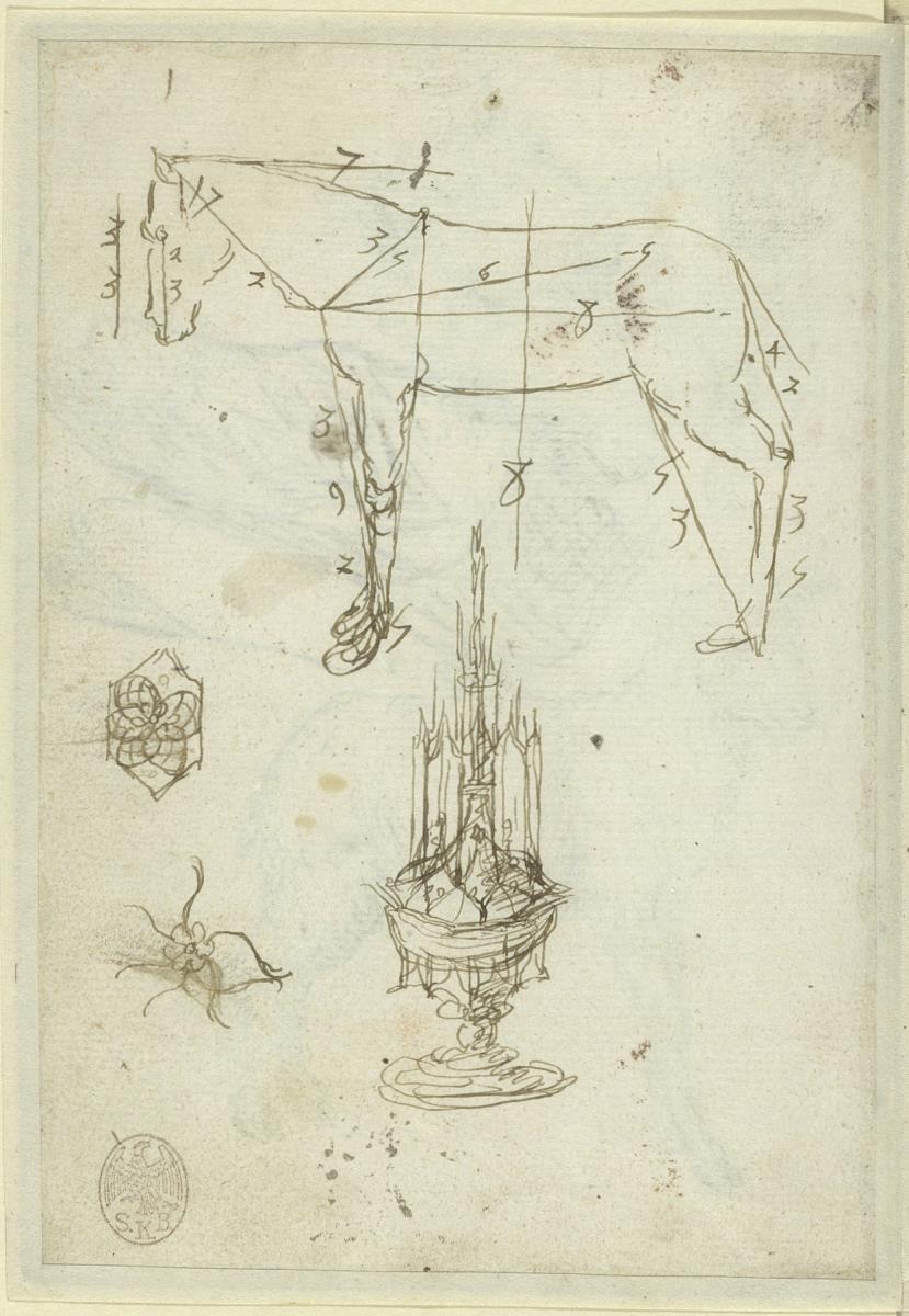 Proportionsstudie eines Pferdes, zwei Blumenornamente, gotischer Pokal (ein Brunnen oder Reliquienschrein?), Abklatsch der noch feuchten Tinte von Sonne und Mond von fol. 45