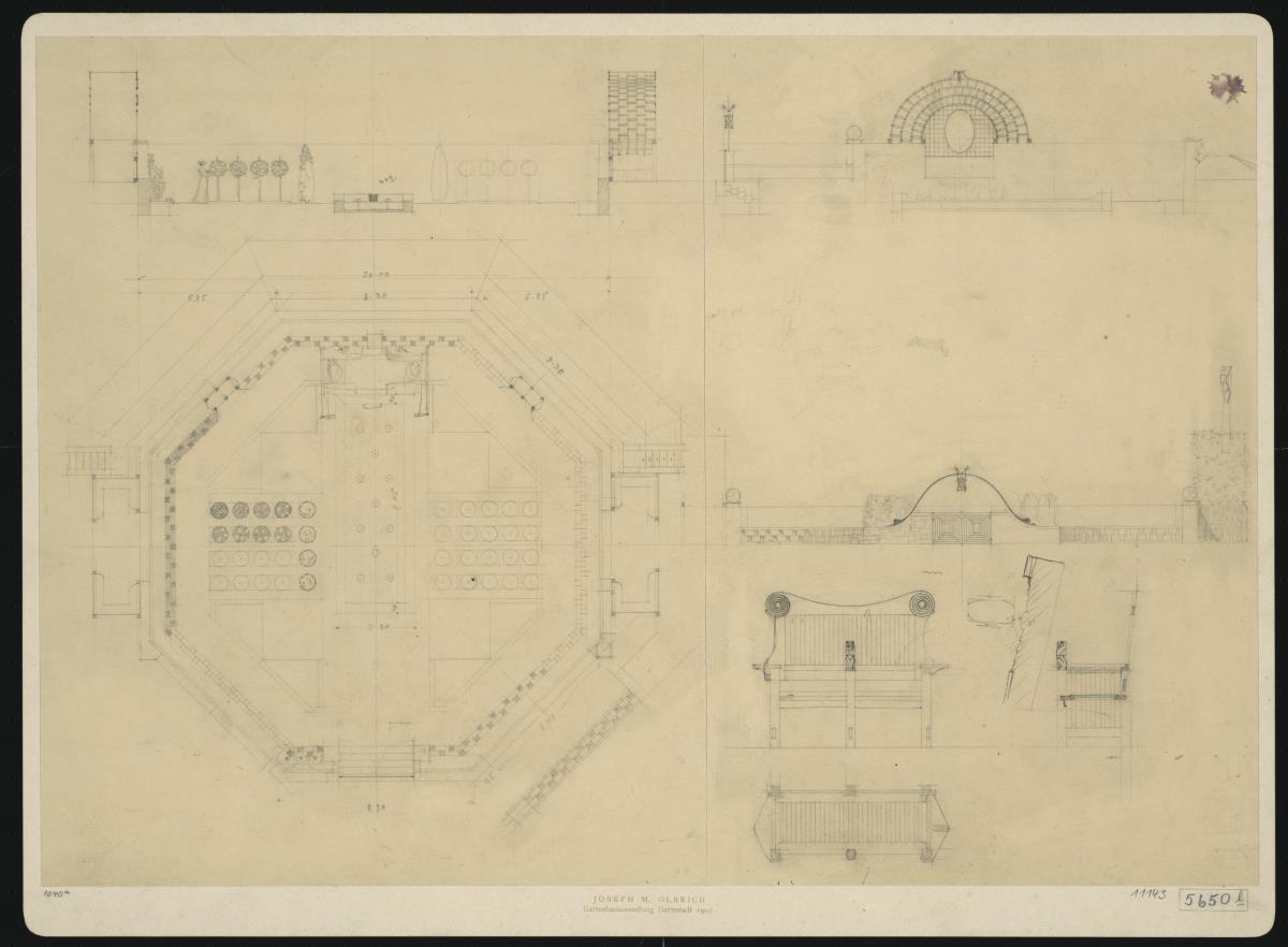 Darmstadt, Gartenbauaustellung, Skizzenblatt mit Schnitt und Grundriss des roten Gartens, Aufriss mit Laube, Aufriss mit Einfriedigung sowie Aufriss, Seitenansicht und Grundriss einer Sitzbank