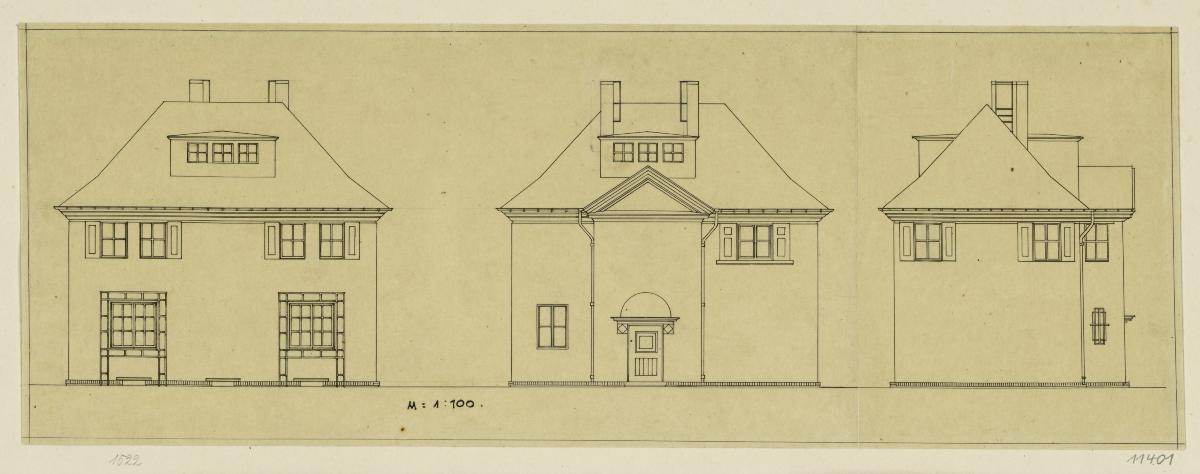 Darmstadt, Projekt dreier Hausentwürfe für die Gartenvorstadt am Hohlen Weg, zweieinhalbgeschossiges Haus, zwei Aufrisse und Schnitt