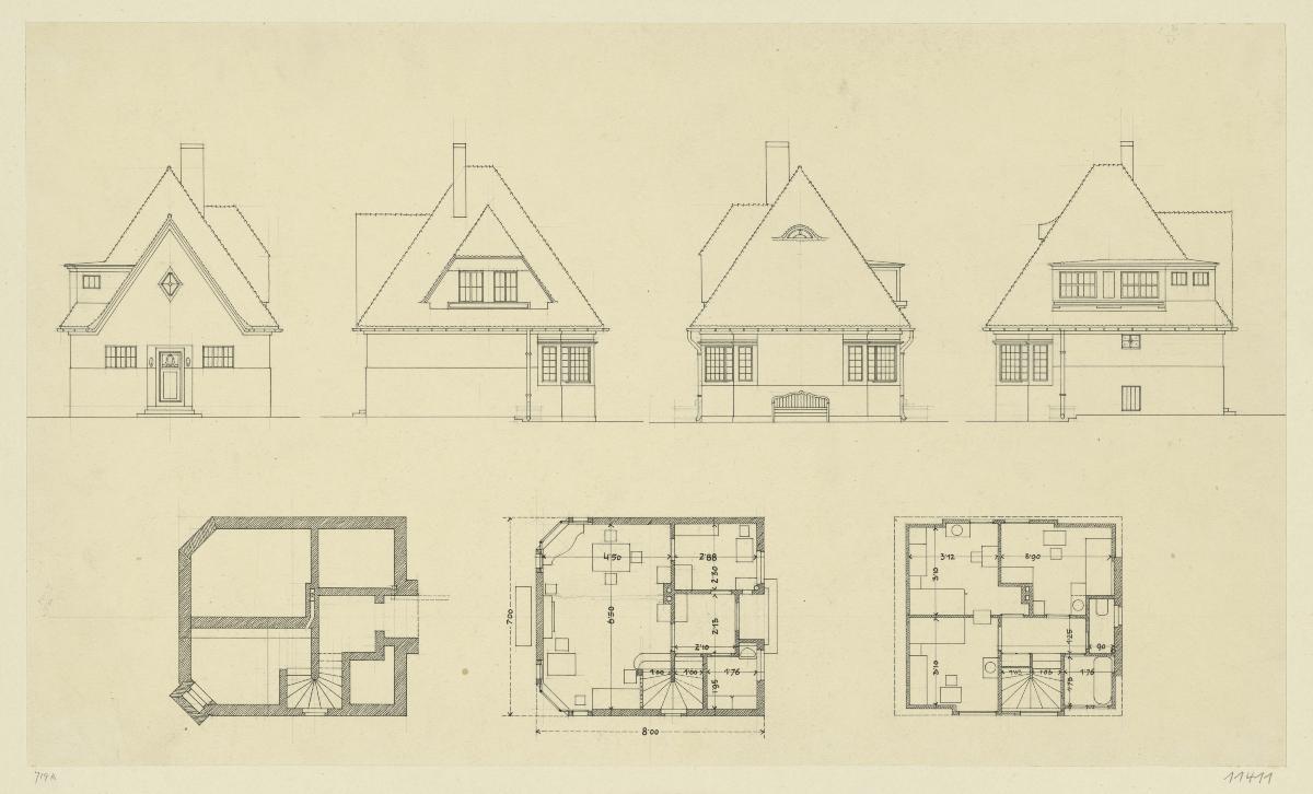 Darmstadt, Projekt dreier Hausentwürfe für die Gartenvorstadt am Hohlen Weg, eineinhalbgeschossiges Haus, vier Aufrisse und drei Grundrisse