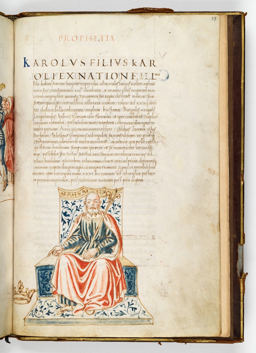 Textseite mit thronendem König. Theloforus, Epistola ad Antonium Januensem ducem