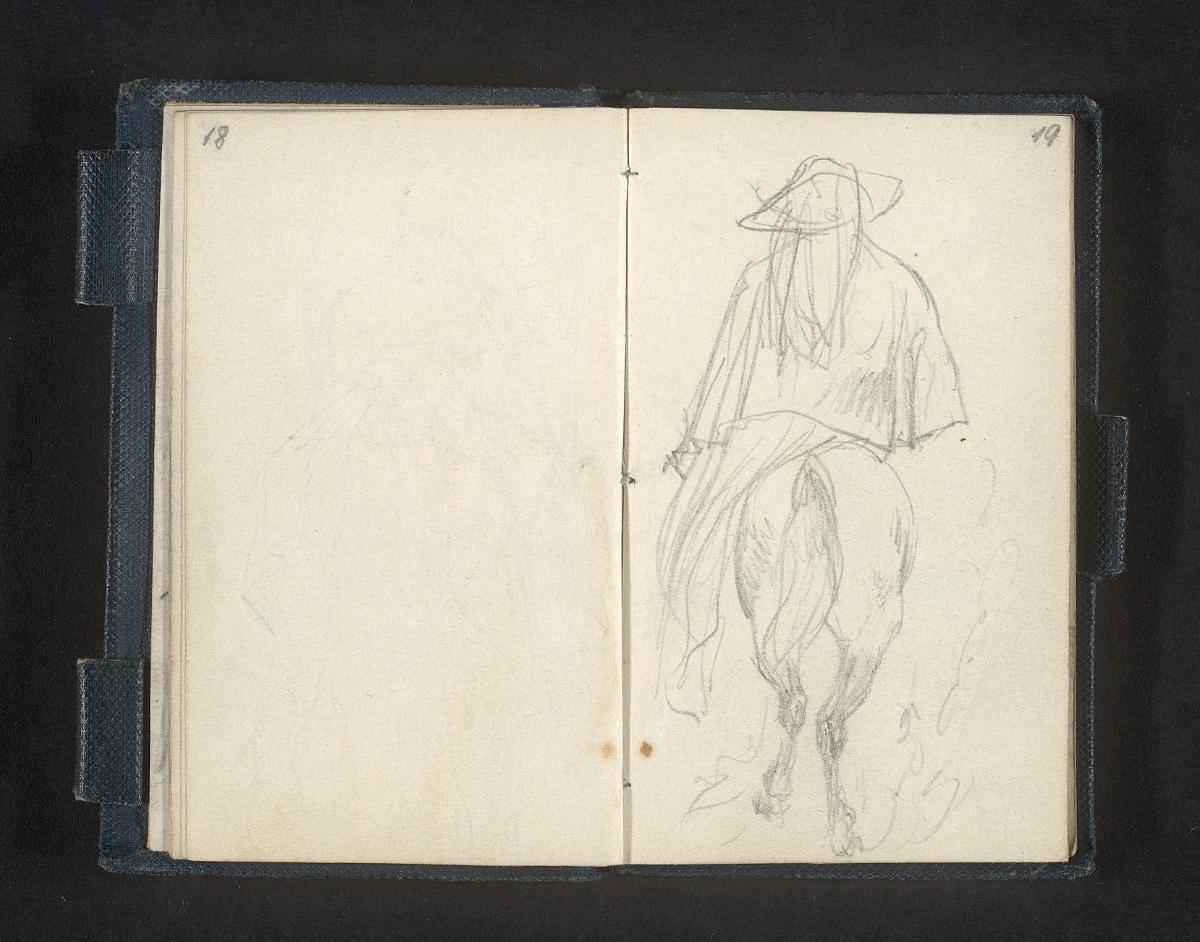Reiter mit Pferd, von hinten gesehen