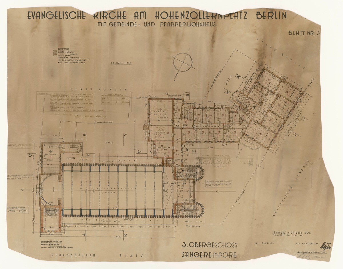 Berlin, Kirche am Hohenzollernplatz, Grundriss 3. OG, Sängerempore, Gemeinde- und Pfarrerwohnhaus