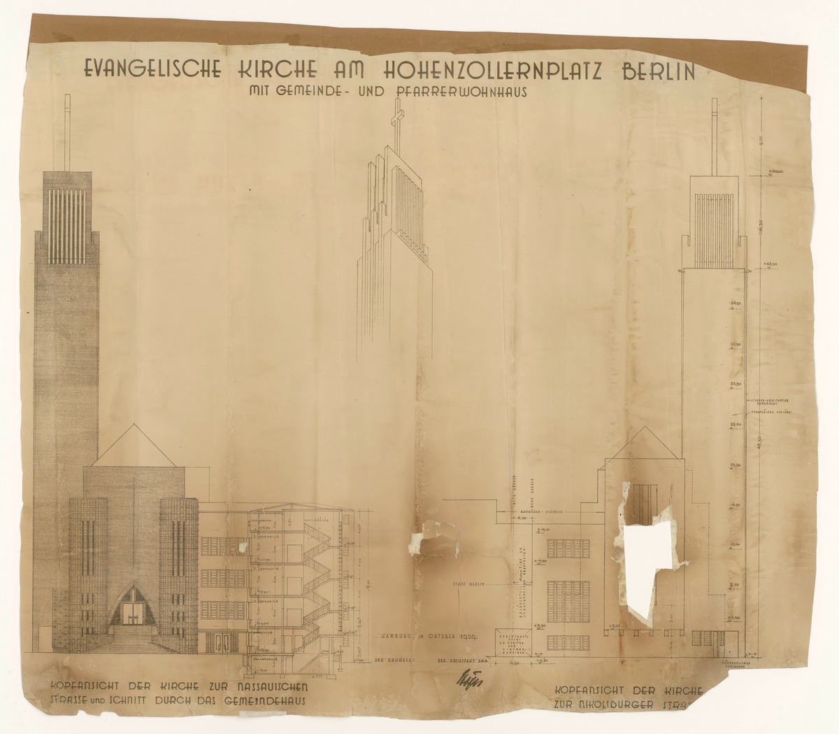 Berlin, Kirche am Hohenzollernplatz, Kopfansicht und Schnitt durchs Gemeindehaus