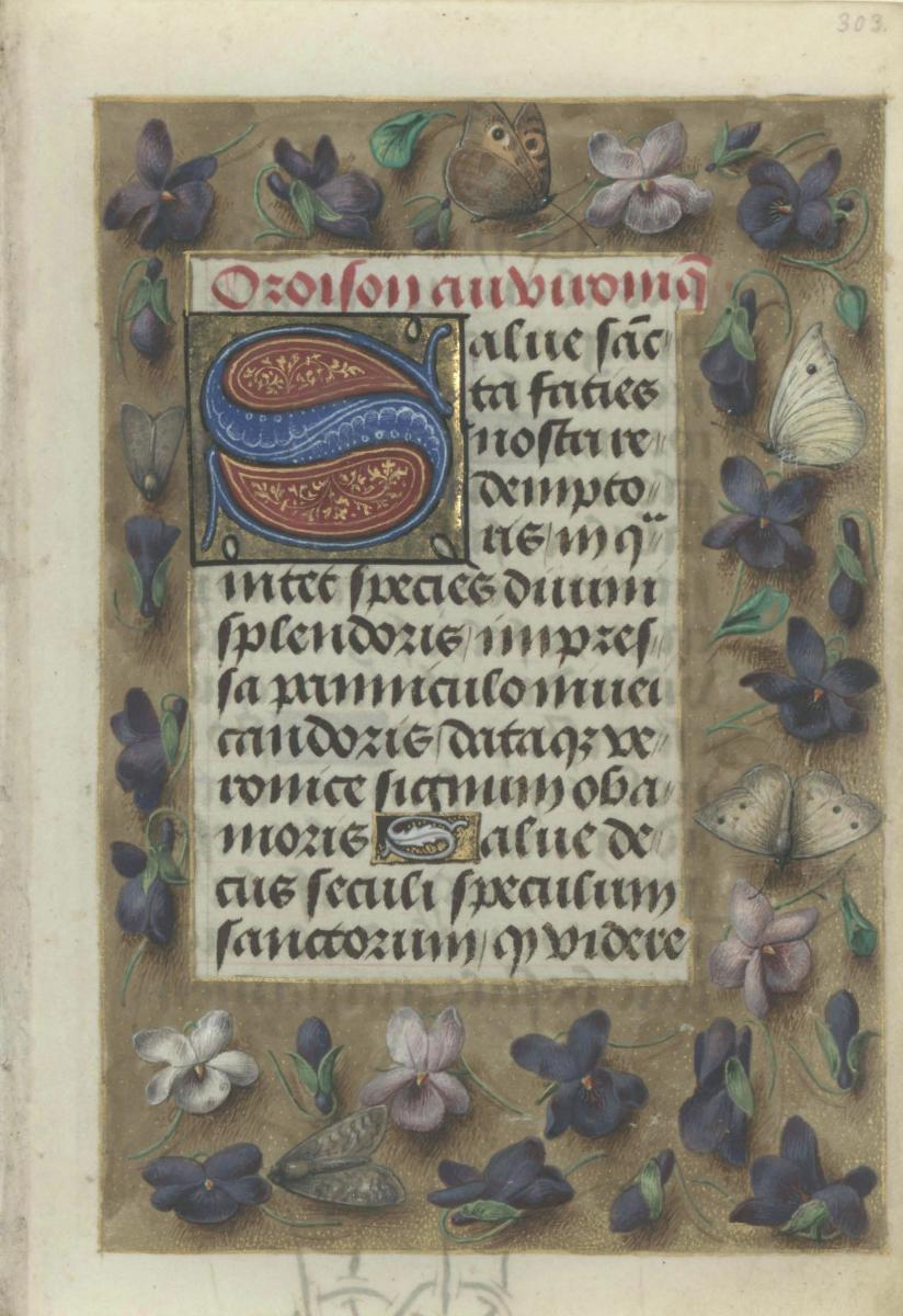 Textseite mit Initiale S und Rahmung aus Blüten und Faltern, in: Stundenbuch der Maria von Burgund und Kaiser Maximilians