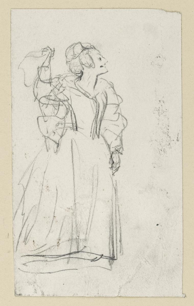 Stehende weibliche Theaterfigur mit keifendem Ausdruck, nach rechts