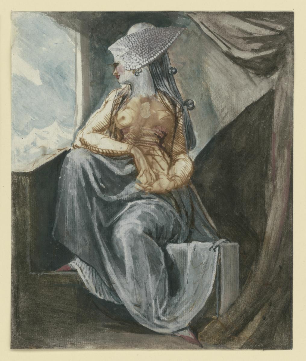 Am Fenster sitzende Frau in eine blaue Landschaft schauend