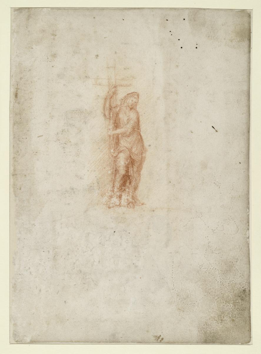 Antikische Gewandfigur, die ein Kreuz umfängt