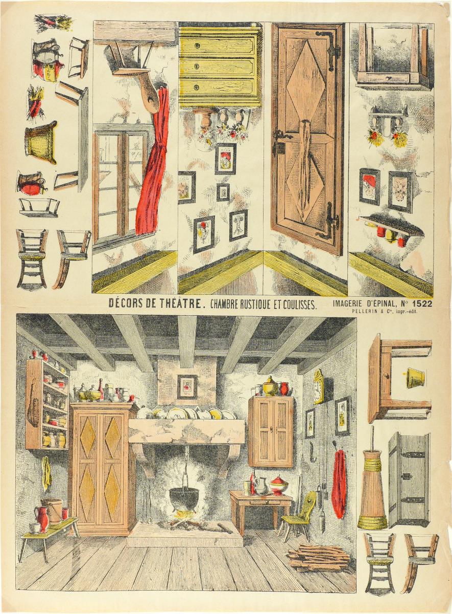 Décors de théâtre - chambre rustique et coulisses.
