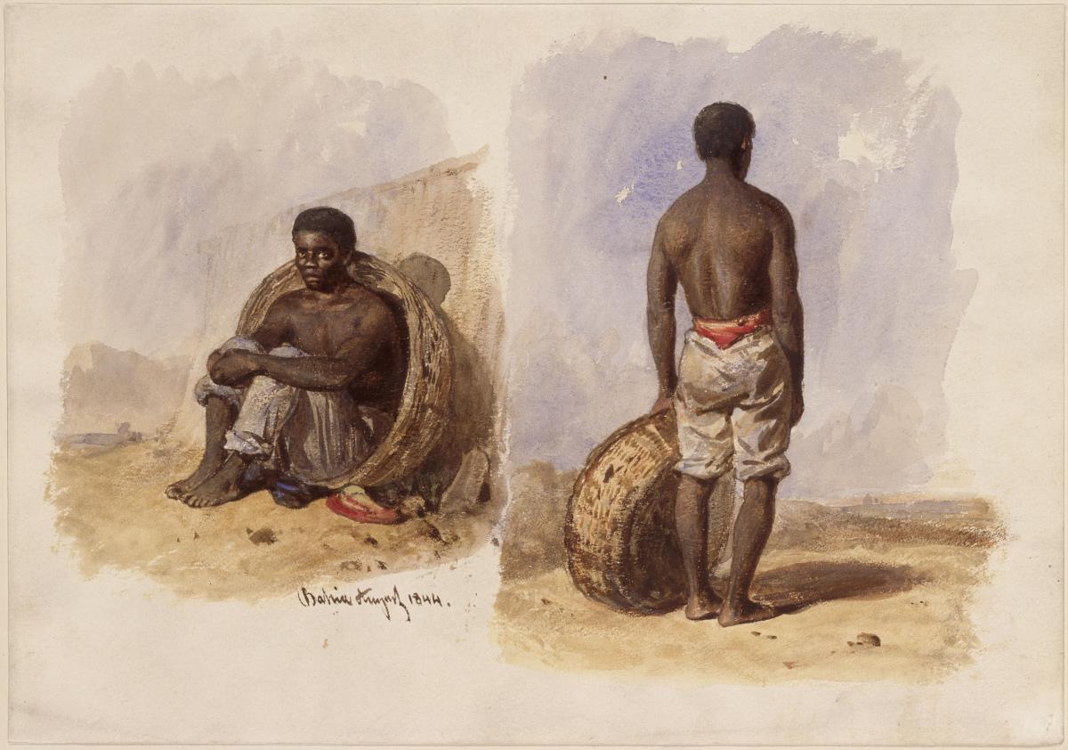 Zwei Studien eines Afrobrasilianers; links in einem an die Wand gelehnten Korb sitzend, rechts stehend in Rückenansicht