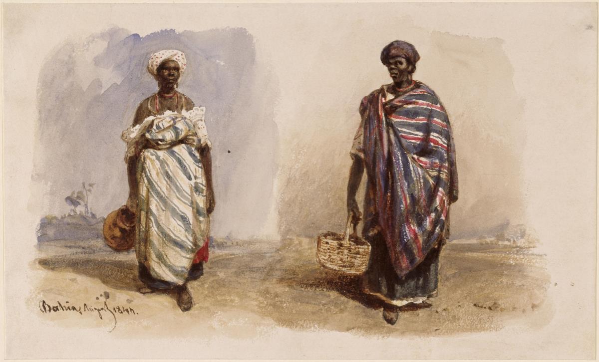Zwei Afrobrasilianerinnen mit Schultertüchern, die eine mit Wasserkrug, die andere mir Korb