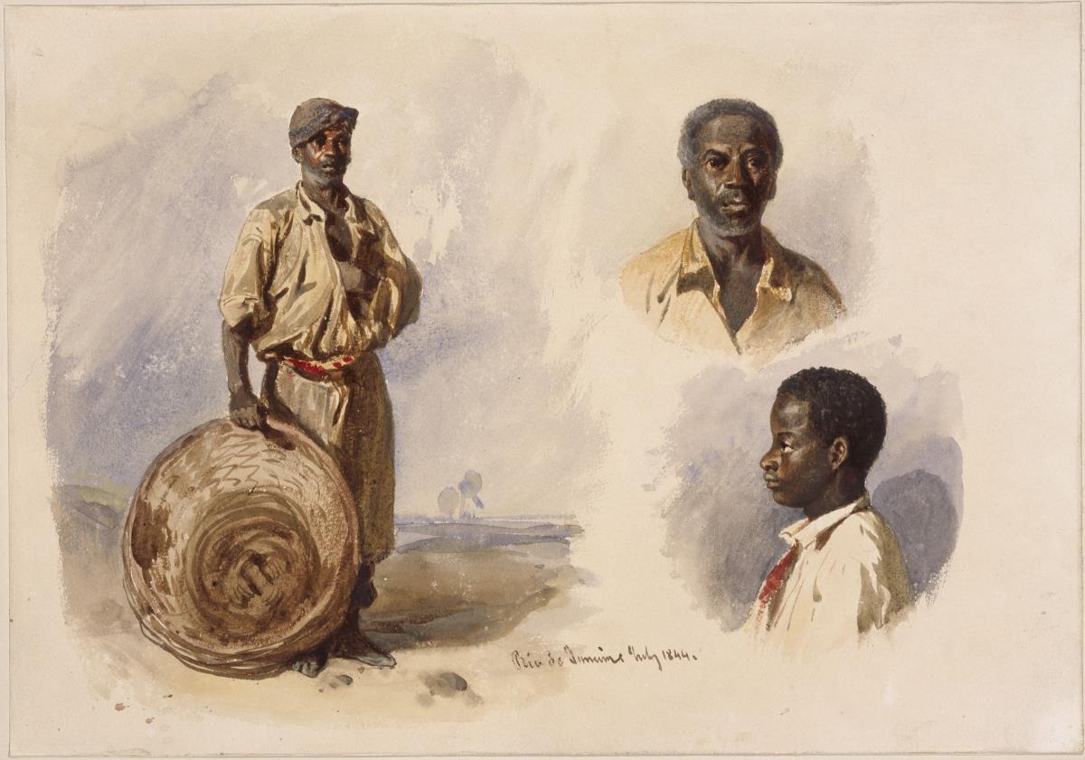 Drei Porträts von Afrobrasilianern: in Ganzfigur, stehend mit Korb, Brustbild eines Mannes en face und das eines Jungen im Profil