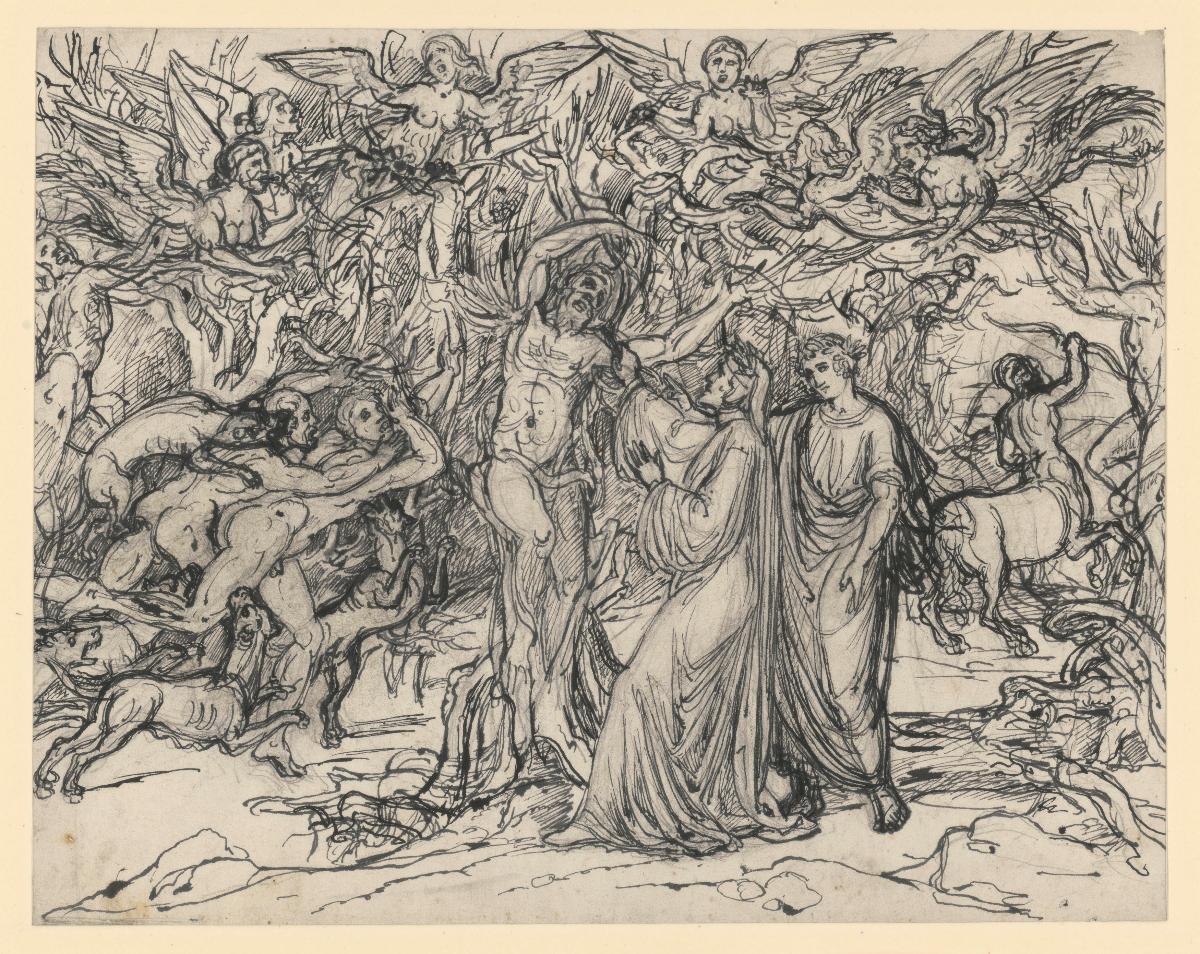 Illustration zur "Göttlichen Komödie", Inferno XIII: Dante und Vergil im Wald der Selbstmörder, die von Hunden zerissen werden