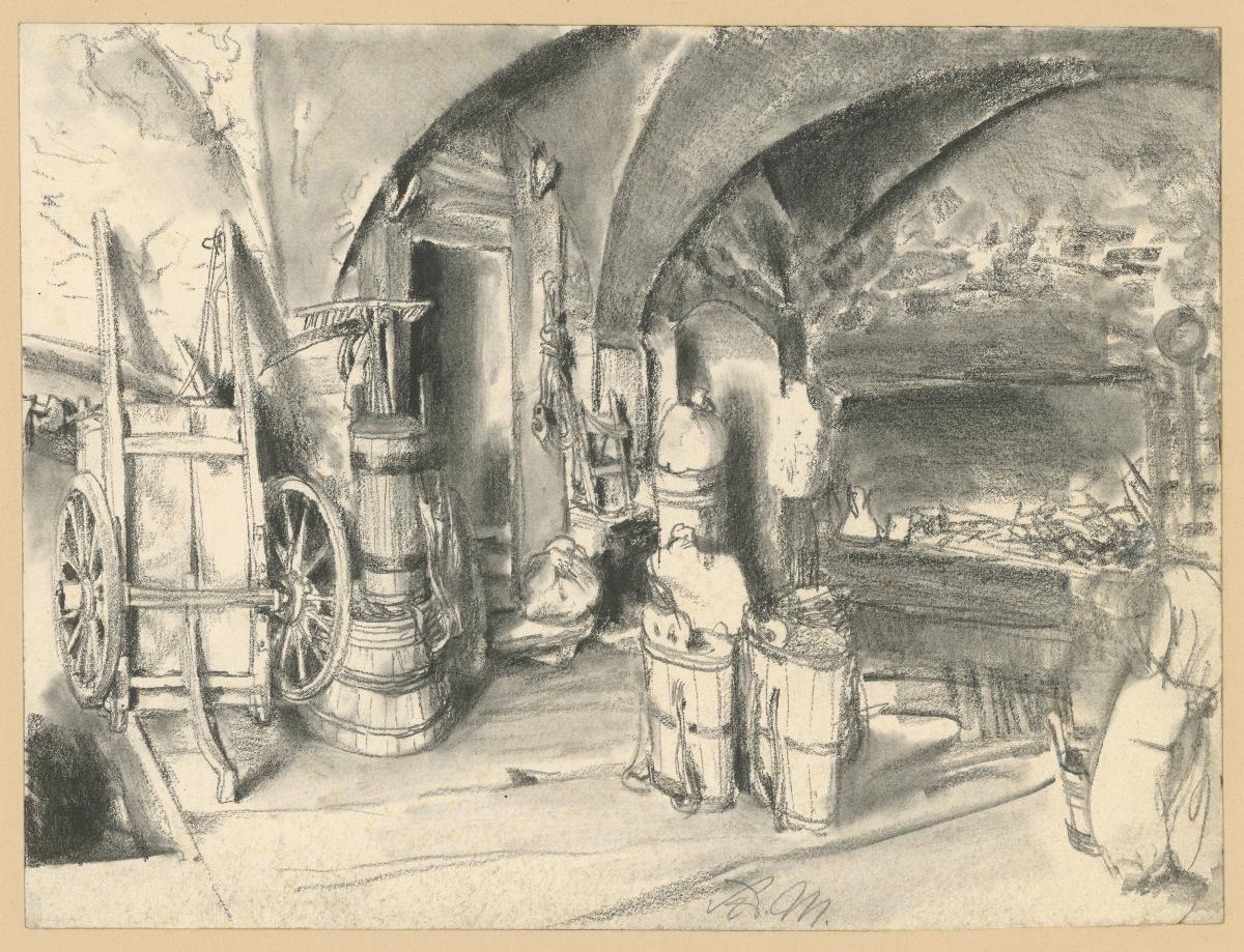 Gewölbter Raum mit Haus- und Ackergerät